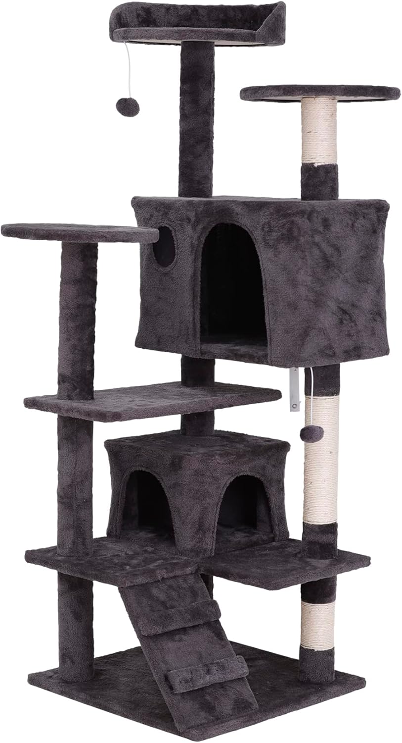 Cat Tree with Sisal-Covered Scratching Posts and 2 Plush Rooms