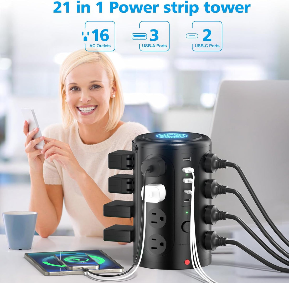 Tower Power Strip Surge Protector with 16 Outlets and 5 USB Ports (2 USB-C), 6FT Extension Cord with Multiple Outlets,Heavy Duty Charging Station,Home Office Dorm Room Essentials. No Wireless Charging