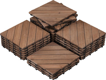 27PCS Wooden Flooring Patio Deck Tiles Interlocking Tiles Patio Solid Wood and Plastic Indoor&amp;Outdoor 12 X 12In, Natural Wood-Diagonal