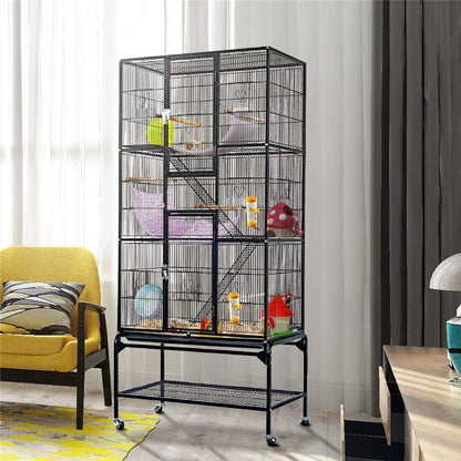 69-Inch Extra Large Wrought Iron 3 Levels Ferret Chinchilla Sugar Glider Squirrel Small Animal Cage with Cross Shelves and Ladders, Black