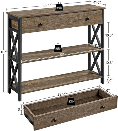 Console Table with Drawer and 2 Open Storage Shelves, Sofa Table for Living Room, 3-Tier Narrow Entryway Table, X-Shaped Design, Taupe Wood