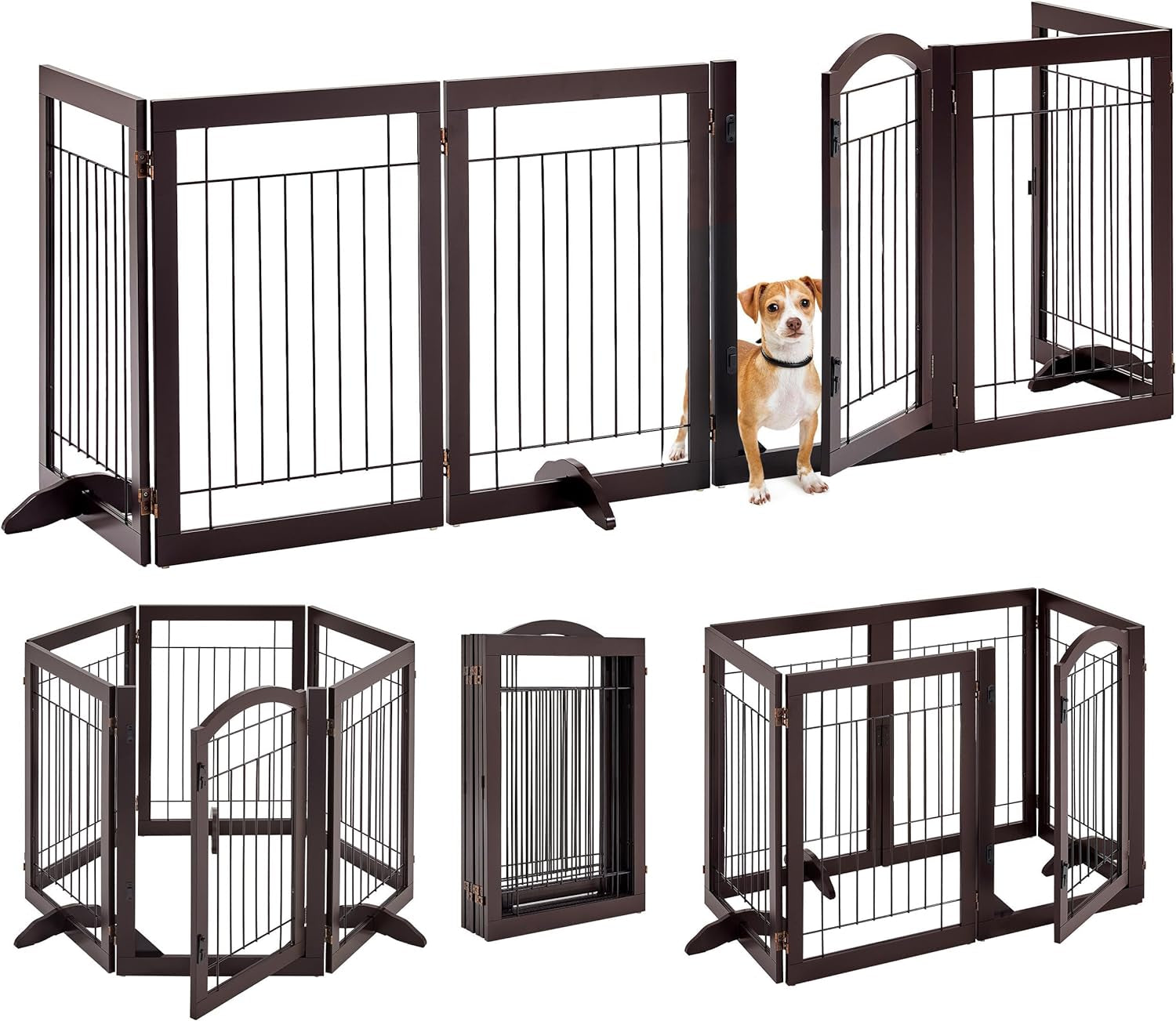 32-Inch Tall Dog Gate Extra Wide Pet Gate for Dogs Indoor Foldable Wire &amp; Wooden Puppy Safety Fence W/2 Support Feet,Freestanding Dog Gate for the House, Doorway, Stairs(White,4 Panels)