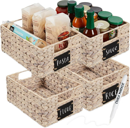 Set of 4 9X12In Water Hyacinth Pantry Baskets, Woven Kitchen Organizers W/Chalkboard Label, Chalk Marker - Natural