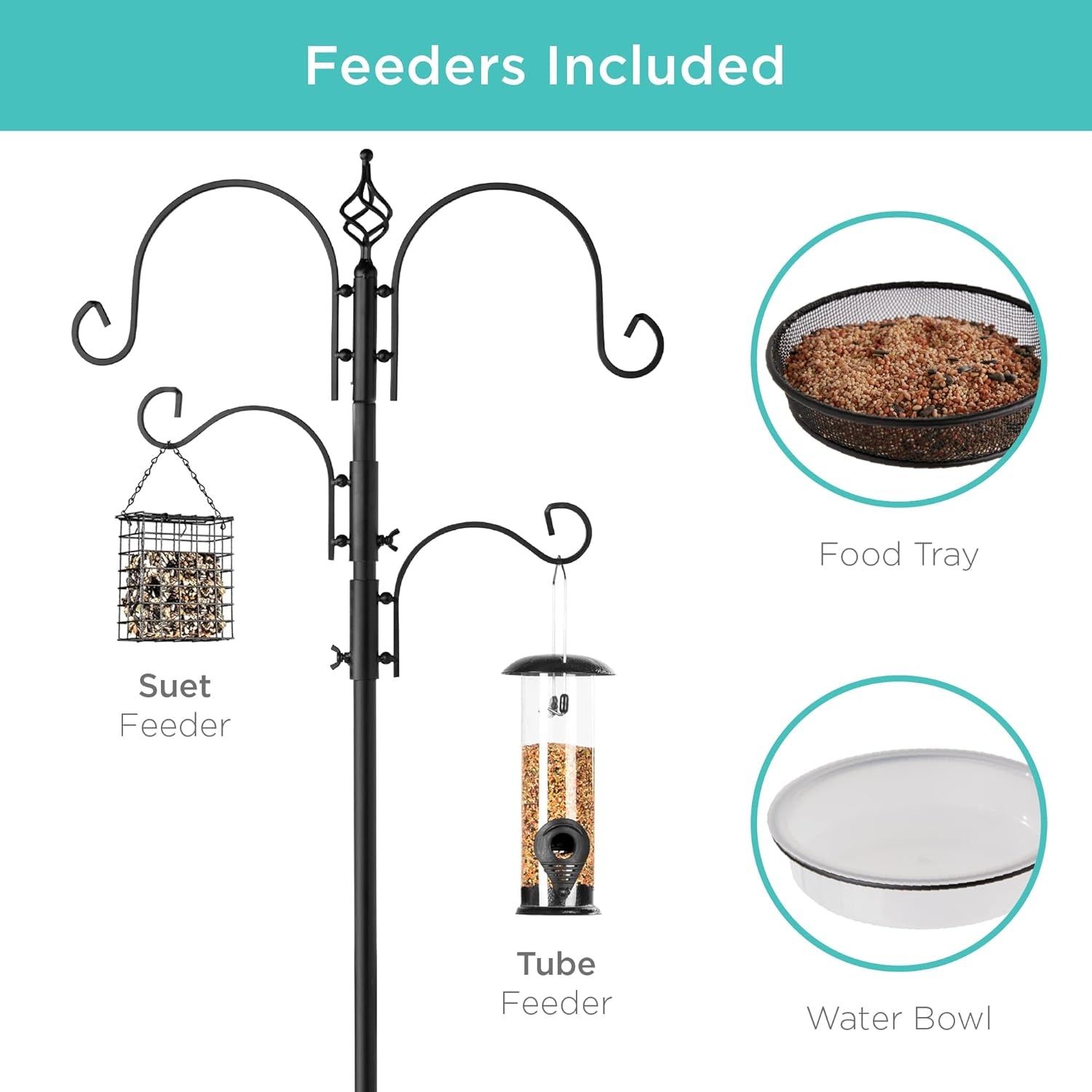 91In 4-Hook Bird Feeding Station, Steel Multi-Feeder Kit Stand for Attracting Wild Birds W/ 2 Bird Feeders, Mesh Tray, Bird Bath, 4-Prong Base - Black