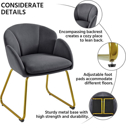 Flower Shape Velvet Armchair, Modern Side Chair Vanity Chair with Golden Metal Legs for Living Room/Dressing Room/Bedroom/Home Office/Kitchen, Dark Gray