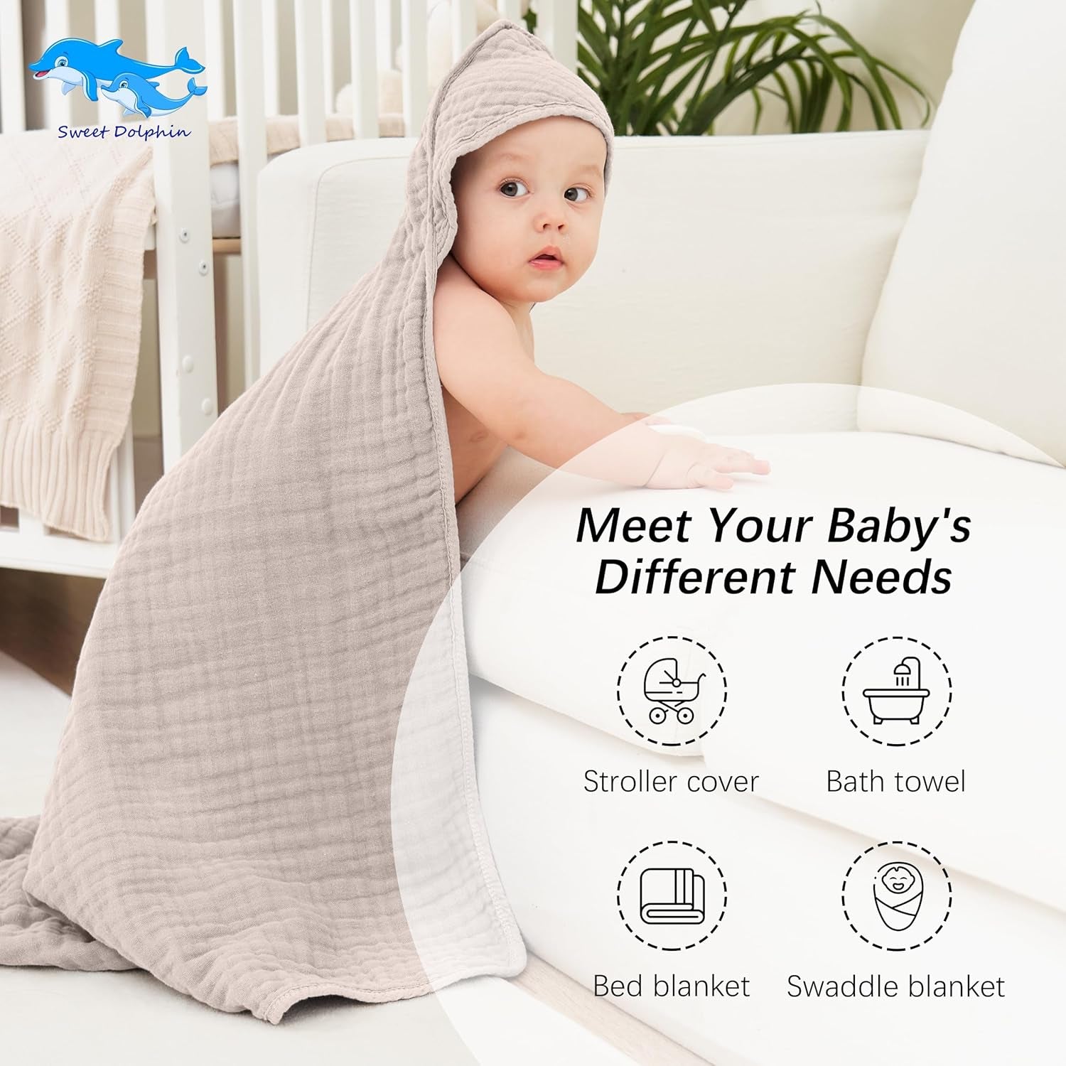 Muslin Hooded Baby Bath Towels - 2 Pack 100% Cotton Towel for Babies, Infants, Toddlers - 32X32Inch - Highly Absorbent and Newborn Essential, Light Bean Paste