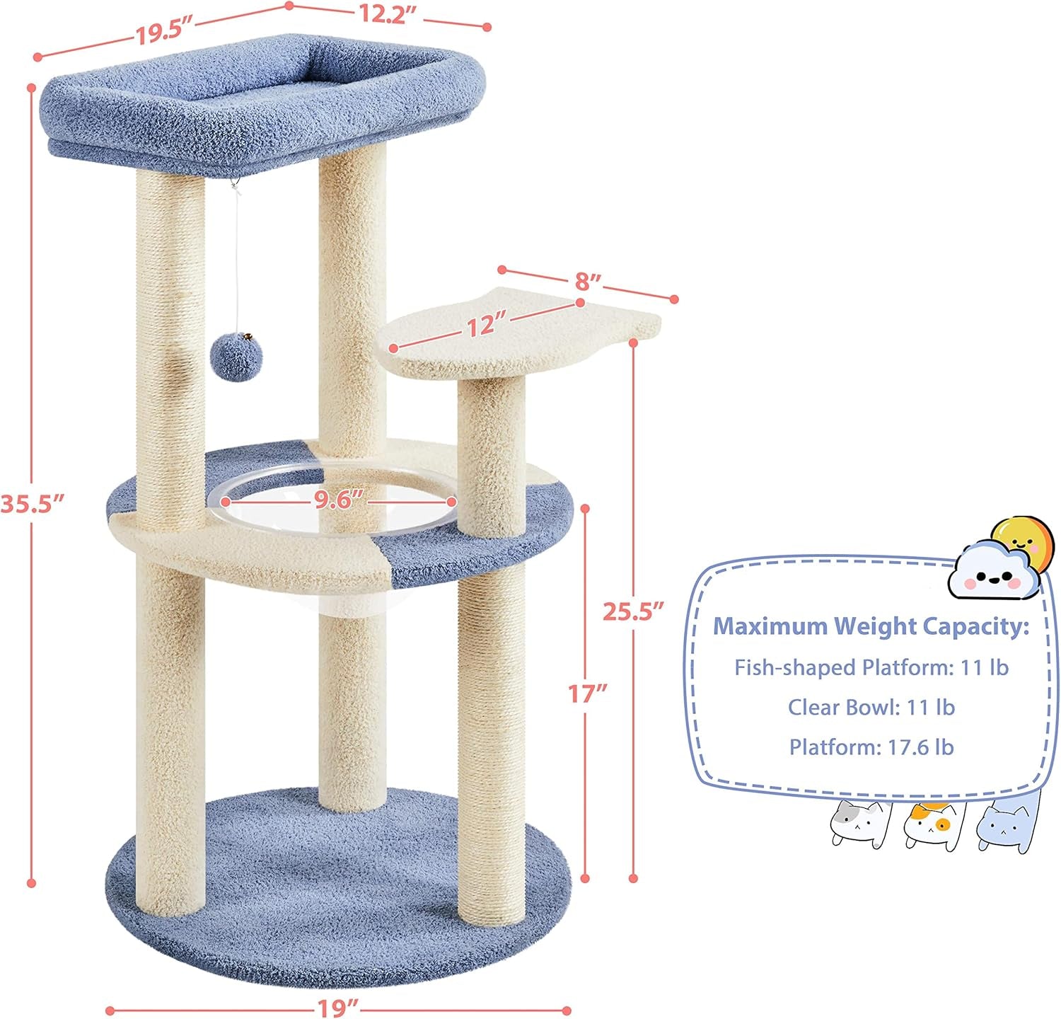 Cat Tree, 35.5In Cat Tower for Indoor Cats, Cat House with Scratching Posts &amp; Padded Perch &amp; Space Capsule, Cute Cat Tree, Cat Furniture for Kittens, Blue/Beige