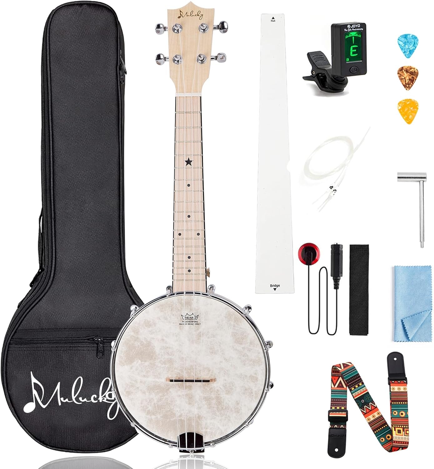 4 String Banjolele, Banjo Ukulele Concert Size 23 Inch with Remo Head, Closed Solid Wood Back, Beginner Kit with Truss Rod Gig Bag Tuner String Strap Picks, MBU-801