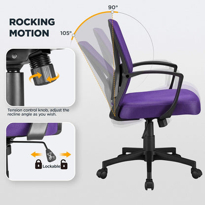 Mesh Office Desk Chairs Ergonomic Task Chairs with Adjustable Lumbar Support Mid Back Swivel Chair Purple