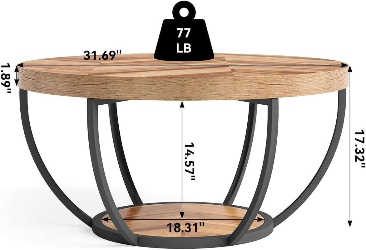 round Coffee Table, 32&quot; Circle Coffee Table for Living Room, 2-Tier Wood Accent Center Table with Open Storage Industrial Design Home Furniture (Wood Grain and Black)