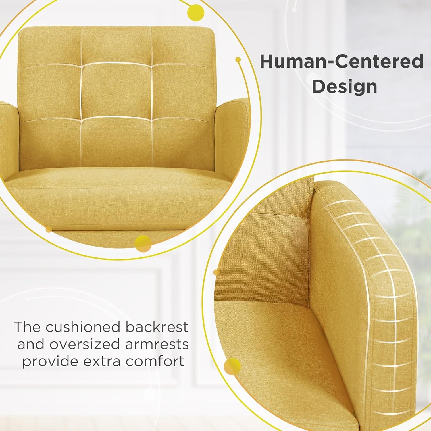 Mid-Century Accent Chairs, Modern Upholstered Living Room Chair, Cozy Armchair Button Tufted Back and Wood Legs for Bedroom/Office/Cafe, Yellow