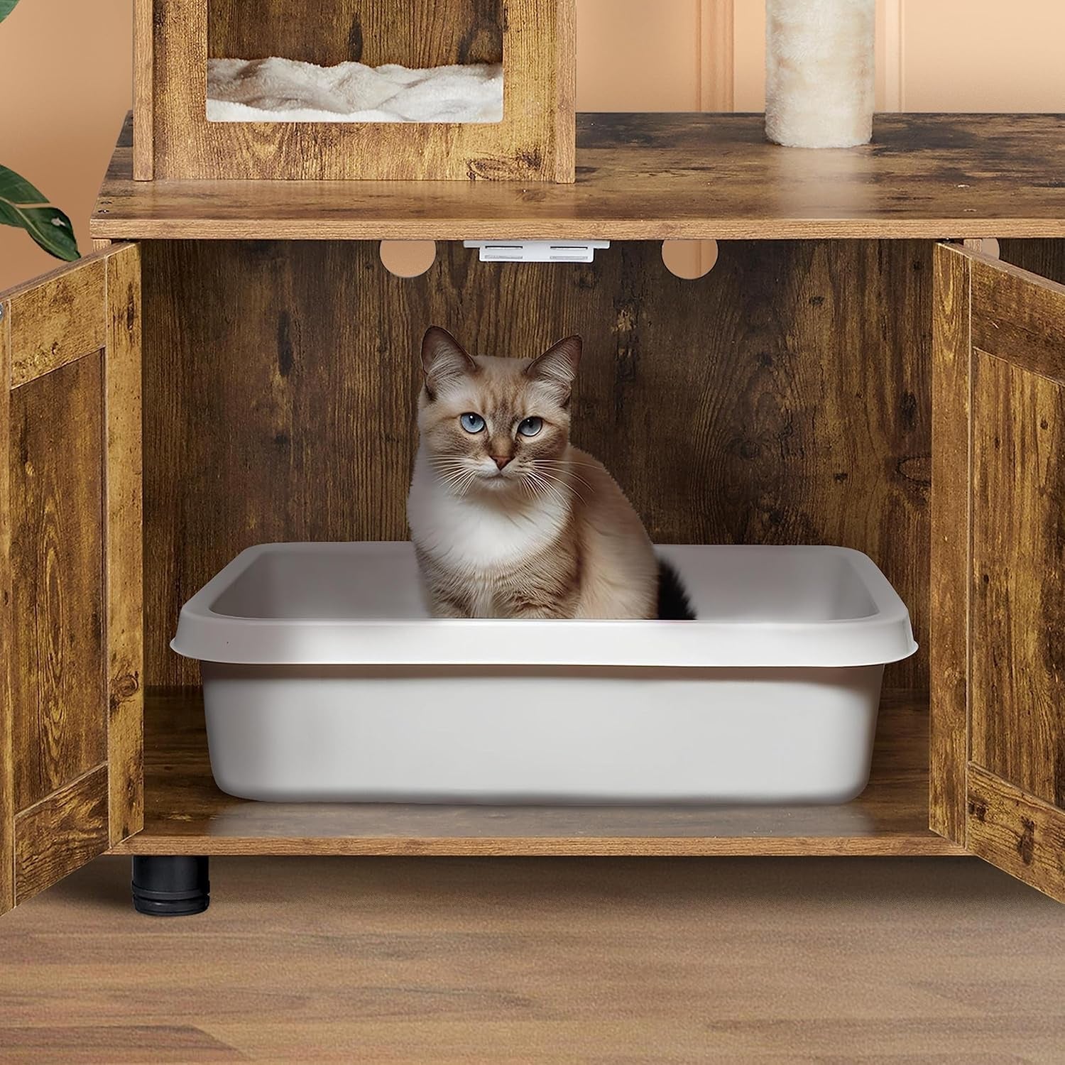 Litter Box Enclosure with Cat Tree, All-In-One Indoor Cat House W/Scratching Posts, Wooden Cat Litter Box Furniture W/Cat Condo, Platform, Rustic Brown/Beige