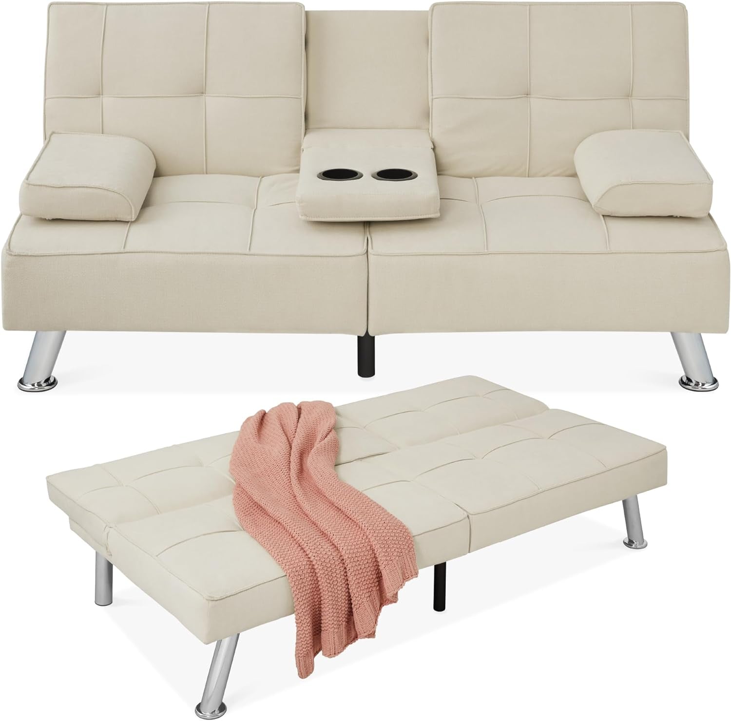 Linen Modern Folding Futon, Reclining Sofa Bed for Apartment, Dorm W/Removable Armrests, 2 Cupholders - Beige