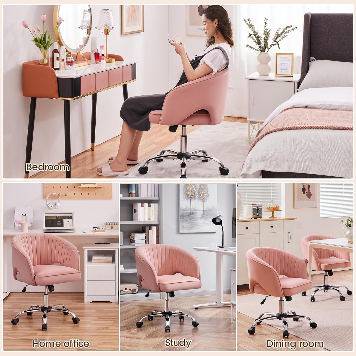 Pink Desk Chair Vanity Chair with Back Home Office Chair Cute Desk Chair Modern Swivel Rolling Chair Computer Chair for Study, Vanity, Bedroom