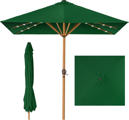 9Ft Deep Square Solar Powered LED Lighted Patio Umbrella W/Faux Wood Texture, Uv-Resistant Fabric, Hand Crank