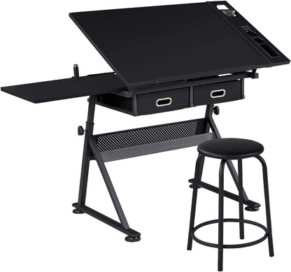 Height Adjustable Drafting Table Drawing Table Artist Desk Tilting Tabletop Art Craft Desk Watercolor Paintings Sketching Work Station W/2 Storage Drawers and Stool for Home Office