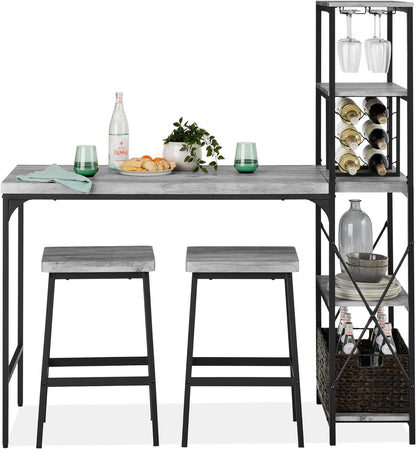 3-Piece Counter Height Dining Set, Desk, Bar, Kitchen Island Table W/ 2 Stools, Wine Rack &amp; Storage Shelves - Black