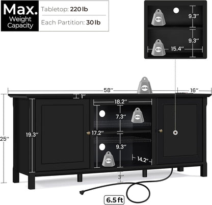 Black TV Stand for 65 Inch TV, Entertainment Center with Power Outlet, TV Console Table for Living Room, Wood Dresser Table for Bedroom