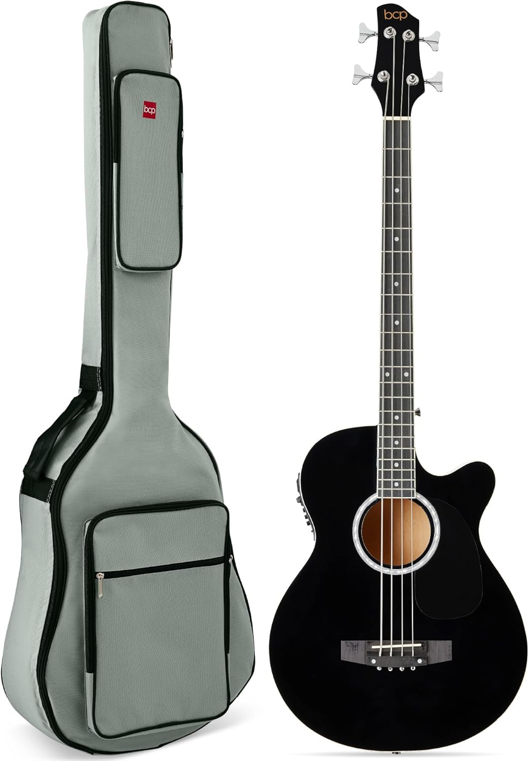 Acoustic Electric Bass Guitar, Full Size 4 String, Fretted Bass Guitar W/Padded Gig Bag - Black