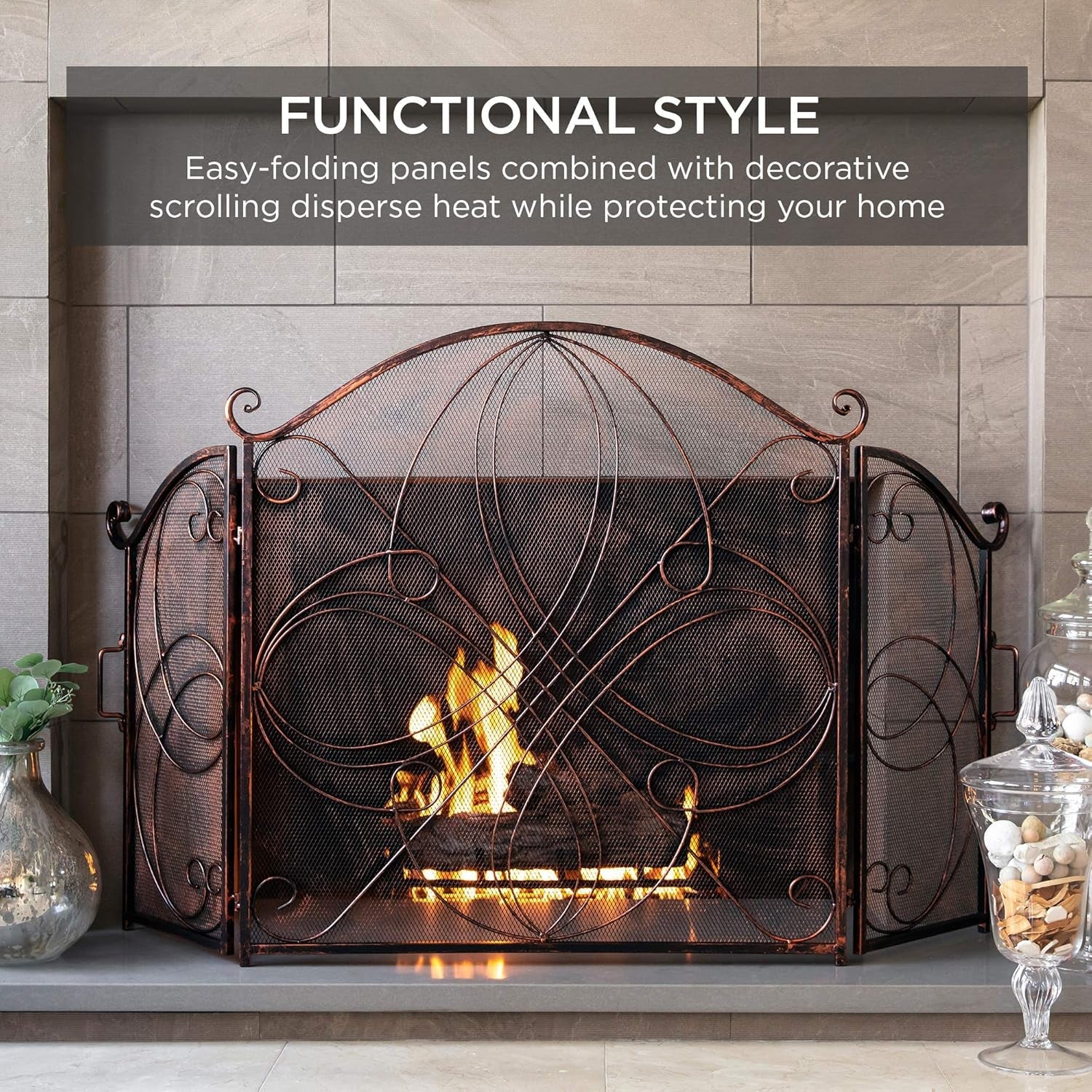 3-Panel 55X33In Solid Wrought Iron See-Through Metal Fireplace Screen, Spark Guard Safety Protector W/Decorative Scroll - Copper