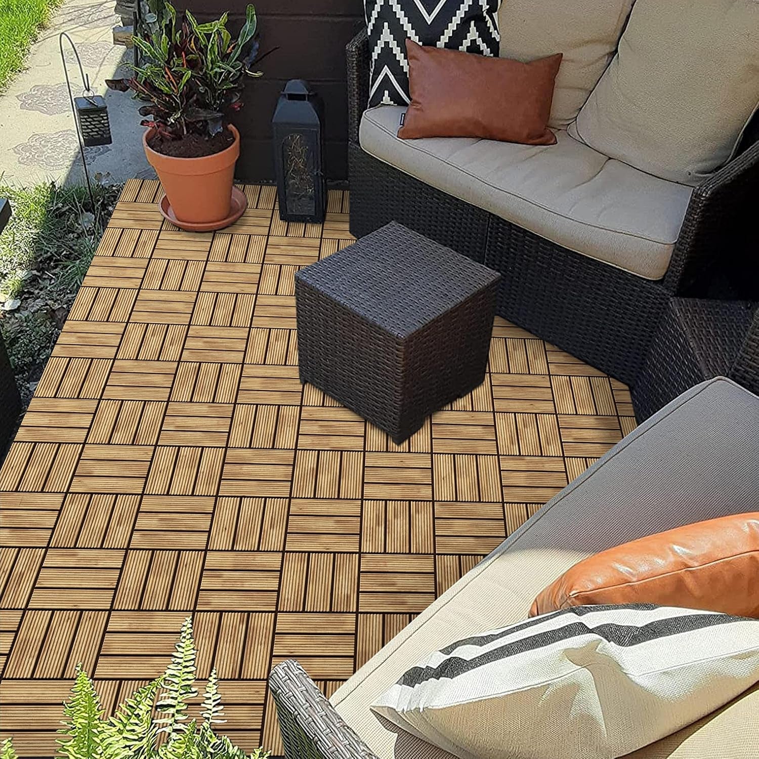 Patio Tiles Wooden Interlocking Deck Tiles 27PCS Garden Floor 12&quot;X12&quot;Indoor Outdoor Composite Decking for Porch Poolside Balcony Backyard1 Sq. Ft/Piece, Natural Wood