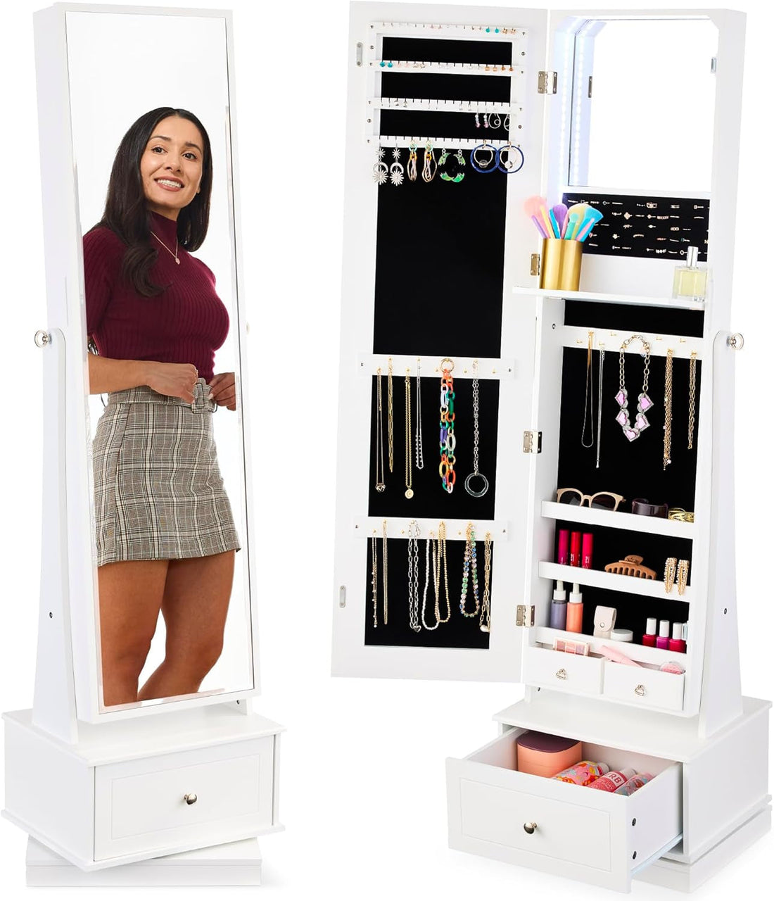 360 Swivel Mirrored Jewelry Cabinet, Standing Armoire, Makeup Storage Organizer, W/Led-Lit Mirror, 3 Shelves - White