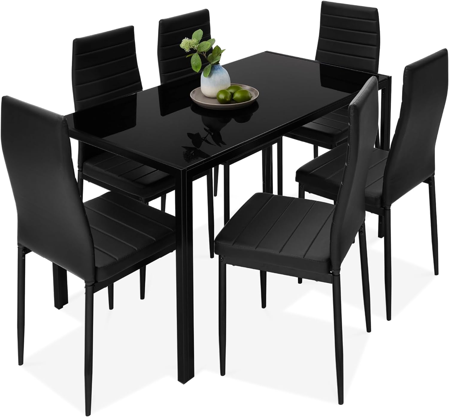 5-Piece Glass Dining Set, Modern Kitchen Table Furniture for Dining Room, Dinette, Compact Space-Saving W/Glass Tabletop, 4 Upholstered PU Chairs, Metal Steel Frame - Black