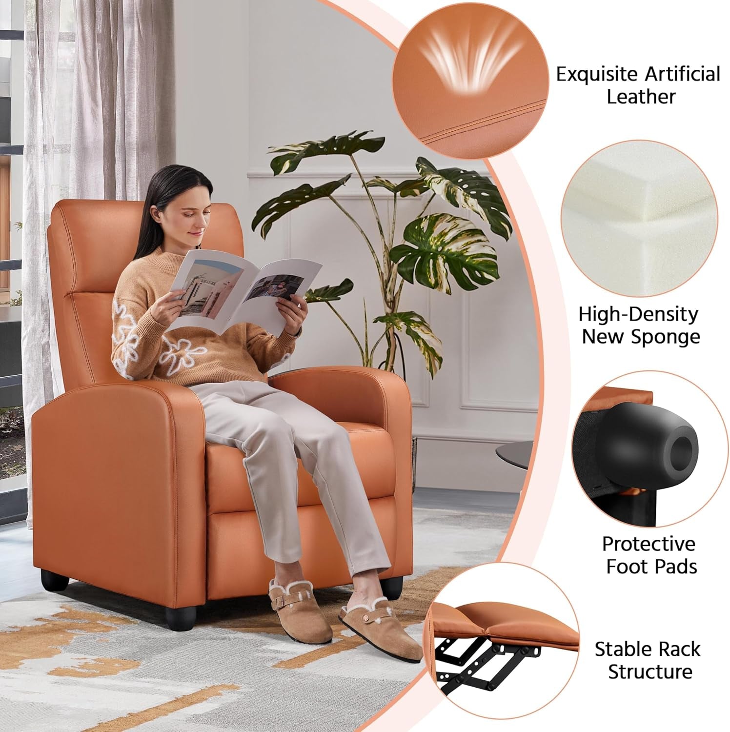 Recliner Chair PU Leather Recliner Sofa Home Theater Seating with Lumbar Support Overstuffed High-Density Sponge Push Tan Recliners