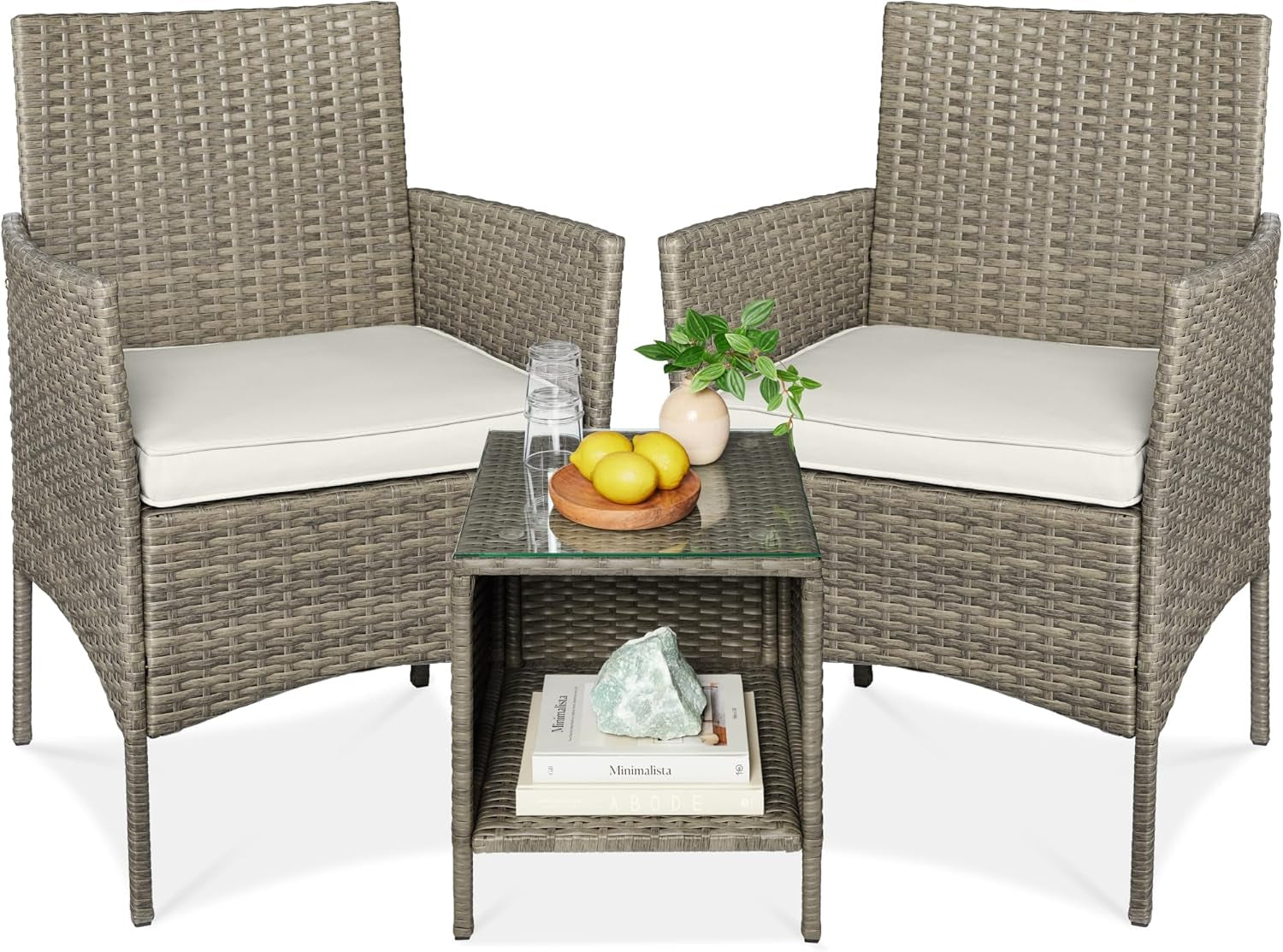 3-Piece Outdoor Wicker Conversation Bistro Set, Space Saving Patio Furniture for Garden W/Side Table - Gray/Navy