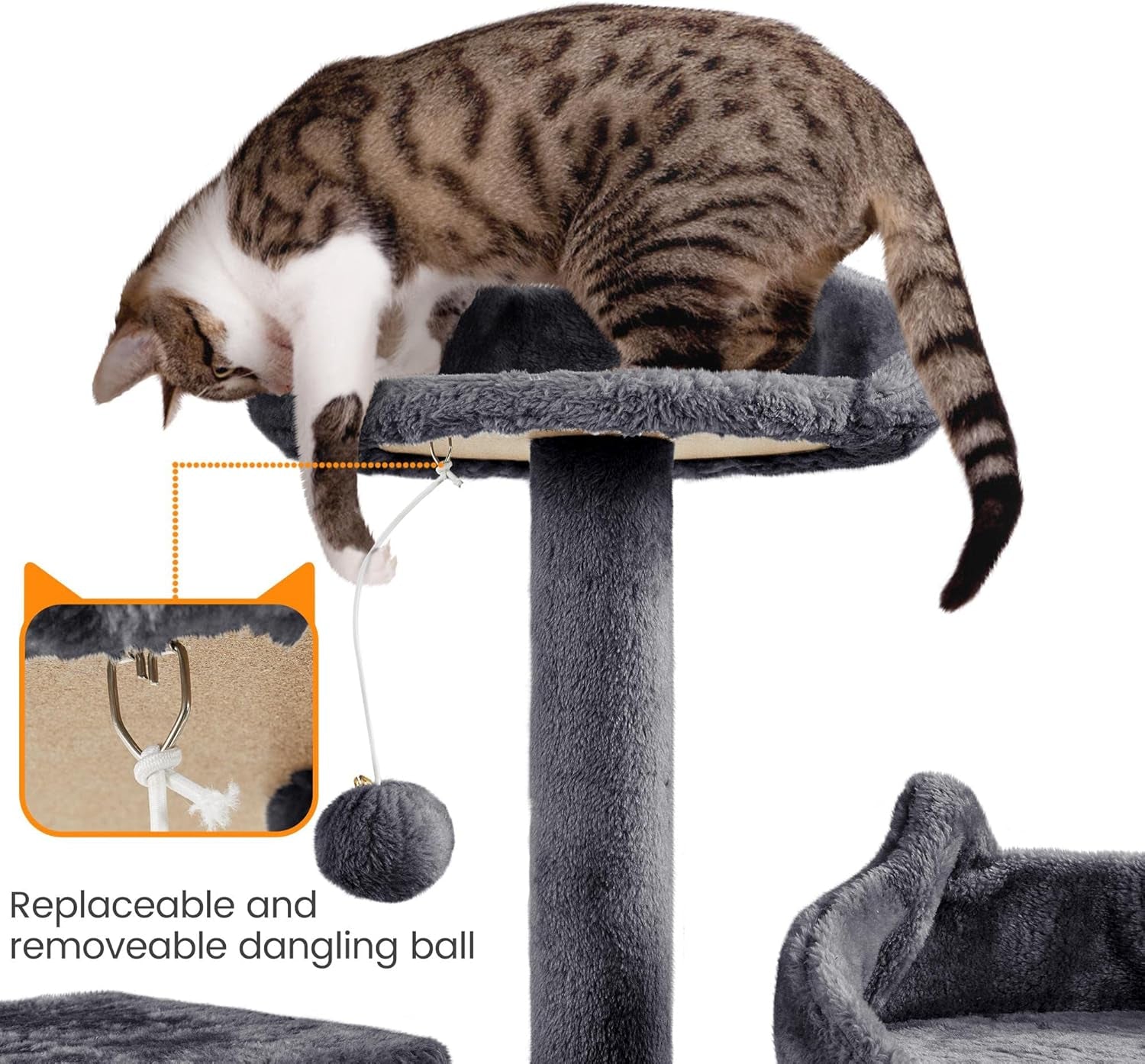 XL Cat Tree, 72In Multi-Level Cat Tower with 2 Cozy Caves, 3 Soft Perches, Scratching Posts, Board, and Dangling Ball, Cat Furniture Cat Play House Kittens, Dark Gray