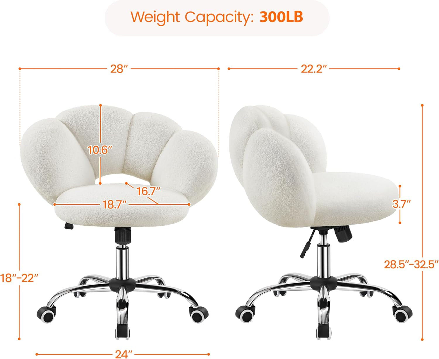 Boucle Upholstered Desk Chair Cloud-Shaped Vanity Chair Adjustable Home Office Chair Computer Chair with Rolling Wheels for Living Room, Bedroom White