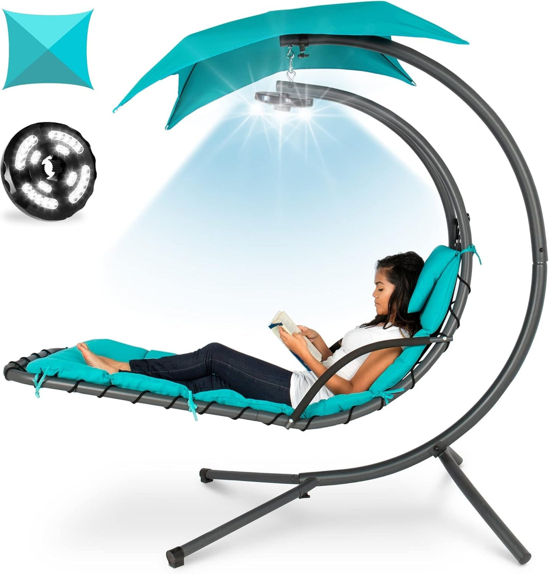 Hanging Led-Lit Curved Chaise Lounge Chair Swing for Backyard, Patio, Lawn W/ 3 Light Settings, Weather-Resistant Pillow, Removable Canopy Shade, Steel Stand - Teal