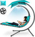 Hanging Led-Lit Curved Chaise Lounge Chair Swing for Backyard, Patio, Lawn W/ 3 Light Settings, Weather-Resistant Pillow, Removable Canopy Shade, Steel Stand - Teal