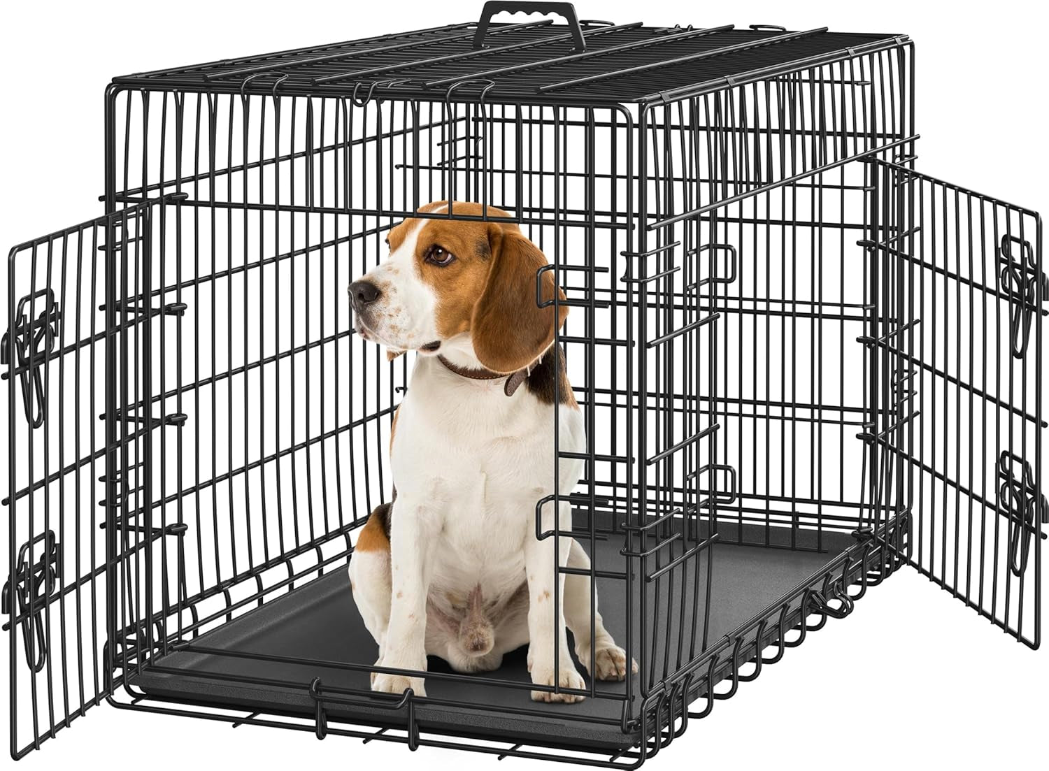 42 Inch Dog Crate Double Door Dog Crate W/Divider for Puppy to Adult XL Collapsible Metal Dog Crate with Removable Tray Wire Dog Kennel Pet Crate for Large Dogs Portable Travel Cage, Black