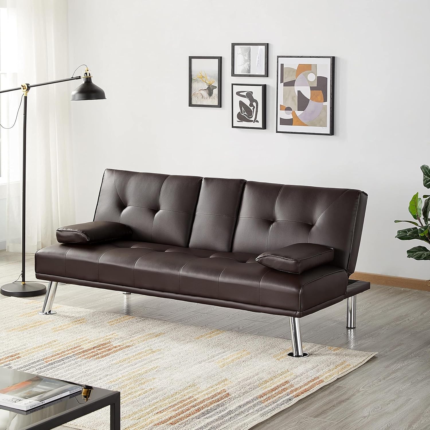 Modern Faux Leather Sofa Bed Convertible Folding Futon with Armrest Home Recliner Home Furniture for Living Room Espresso