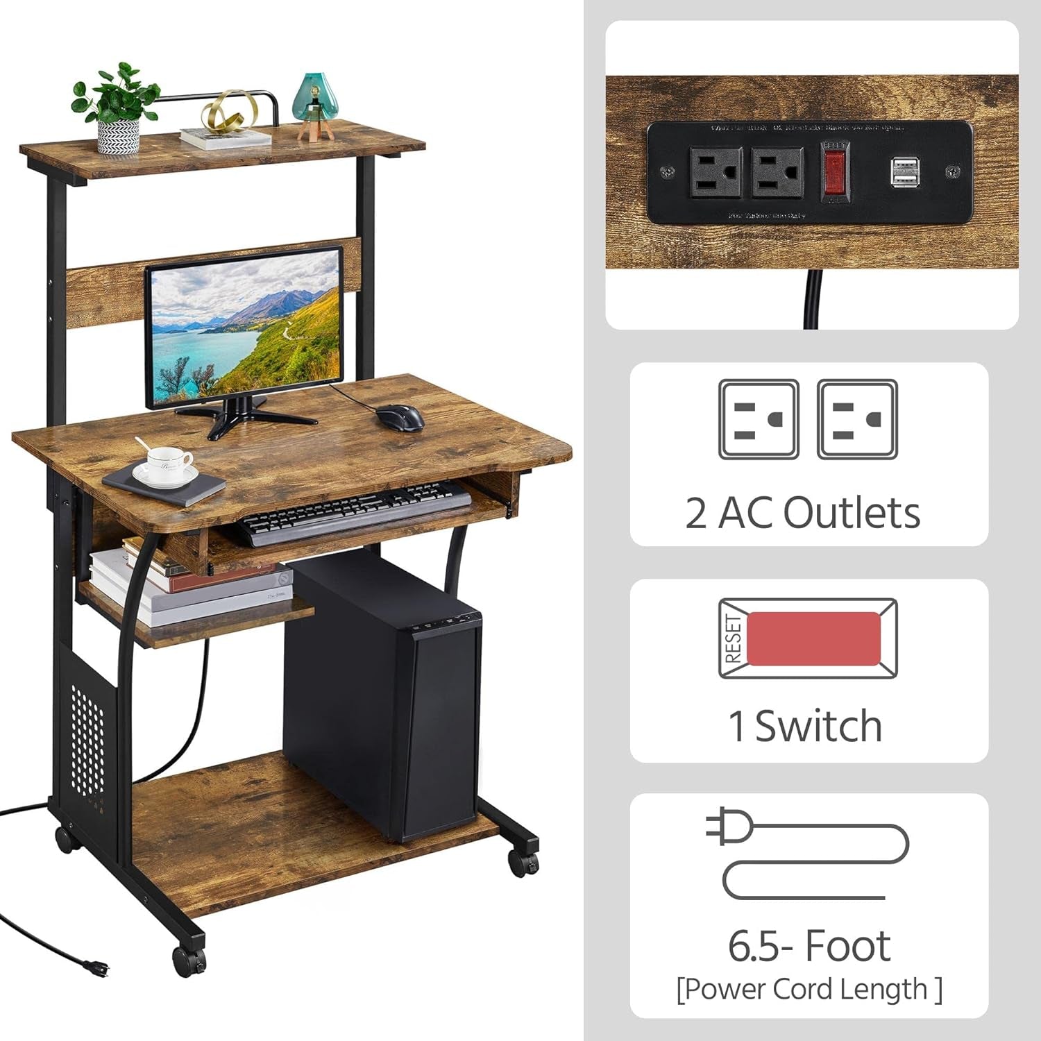 3 Tiers Rolling Computer Desk on Wheels with Charging Station and Keyboard Tray, Mobile Home Office Desk PC Laptop Workstation with Power Outlet and USB Ports for Home Studying, Rustic Brown