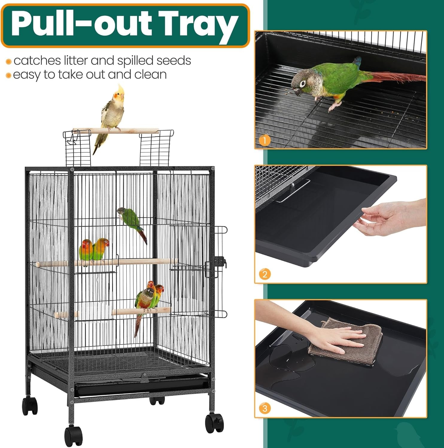 35 Inch Wrought Iron Bird Cage W/Play Open Top and Rolling Stand for Small Birds like Parrots Conure Lovebird Cockatiel Lovebirds Budgies