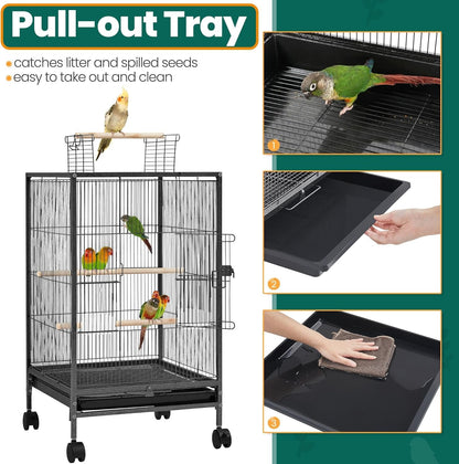 35 Inch Wrought Iron Bird Cage W/Play Open Top and Rolling Stand for Small Birds like Parrots Conure Lovebird Cockatiel Lovebirds Budgies