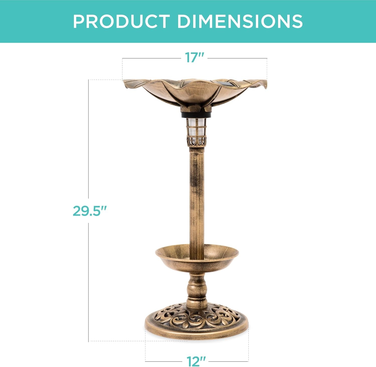 Outdoor Solar Lighted Pedestal Bird Bath Fountain Decoration W/Planter, Integrated Panel, Scroll Accents for Lawn, Garden - Bronze