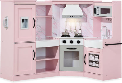 Pretend Play Corner Kitchen, Ultimate Interactive Wooden Kids Playset W/Lights &amp; Sounds, Ice Maker, Hood - Farmhouse White