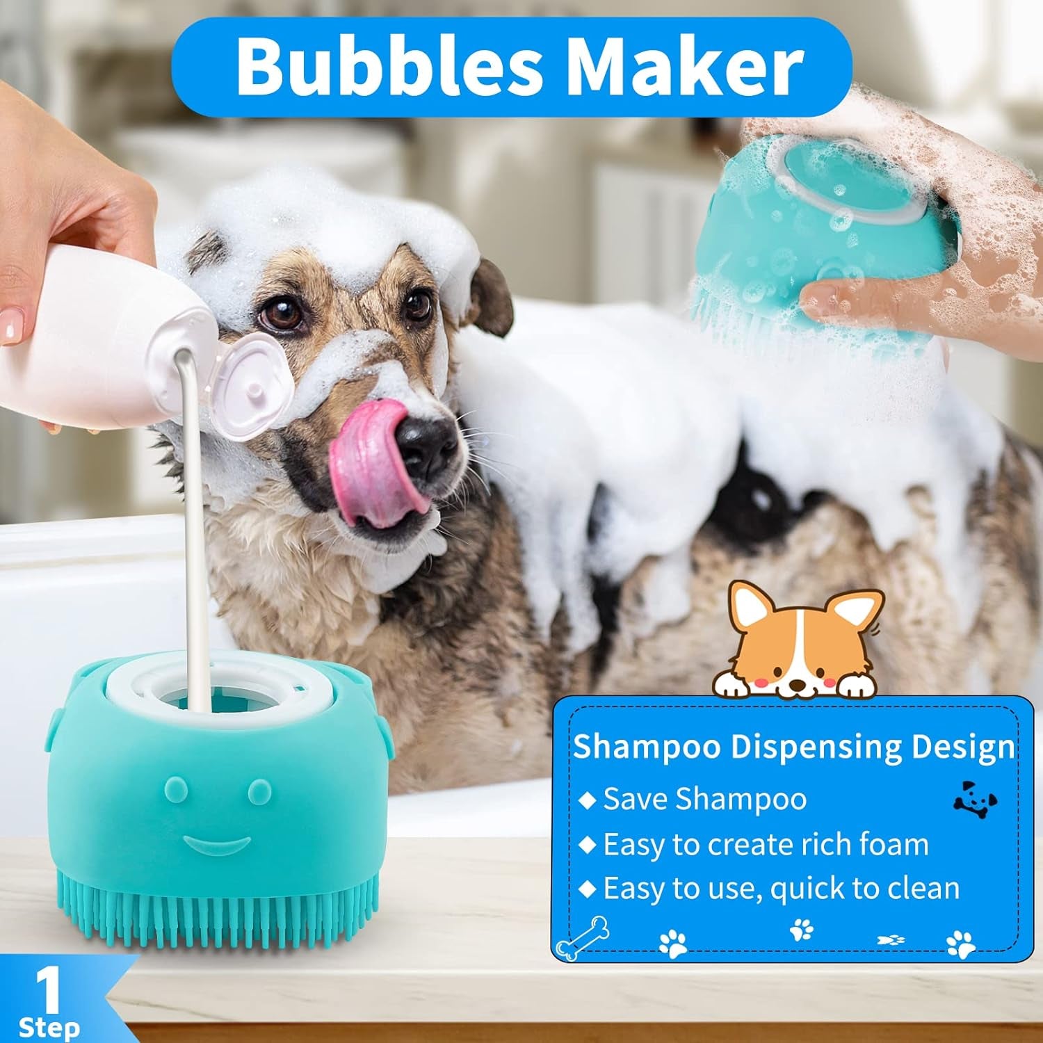 3PCS Dog Bath Brush | Dog Shampoo Brush | Dog Scrubber for Bath | Dog Bath Brush Scrubber | Dog Shower/Washing Brush with Adjustable Ring Handle for Short &amp; Long Hair (Blue Blue Blue)