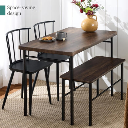 4-Piece Farmhouse Dining Kitchen Table Set, Space Saving Wooden Dinette W/ 2 Black Spindle Back Chairs, Bench - Dark Brown