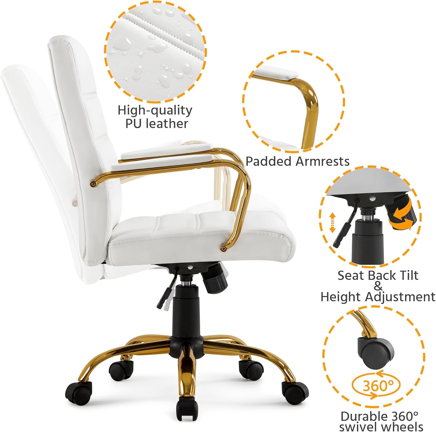 Mid-Back Office Chair PU Leather Desk Chair Adjustable Executive Task Chair W/Lumber Support Gold Leg White Seat