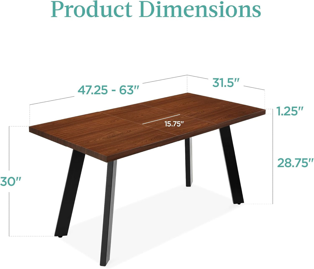 Extendable Dining Table 47 to 63In Modern Large Expanding Kitchen Table up to 6 People W/Leaf Extension, 2 Locks, 132Lb Capacity - Brown