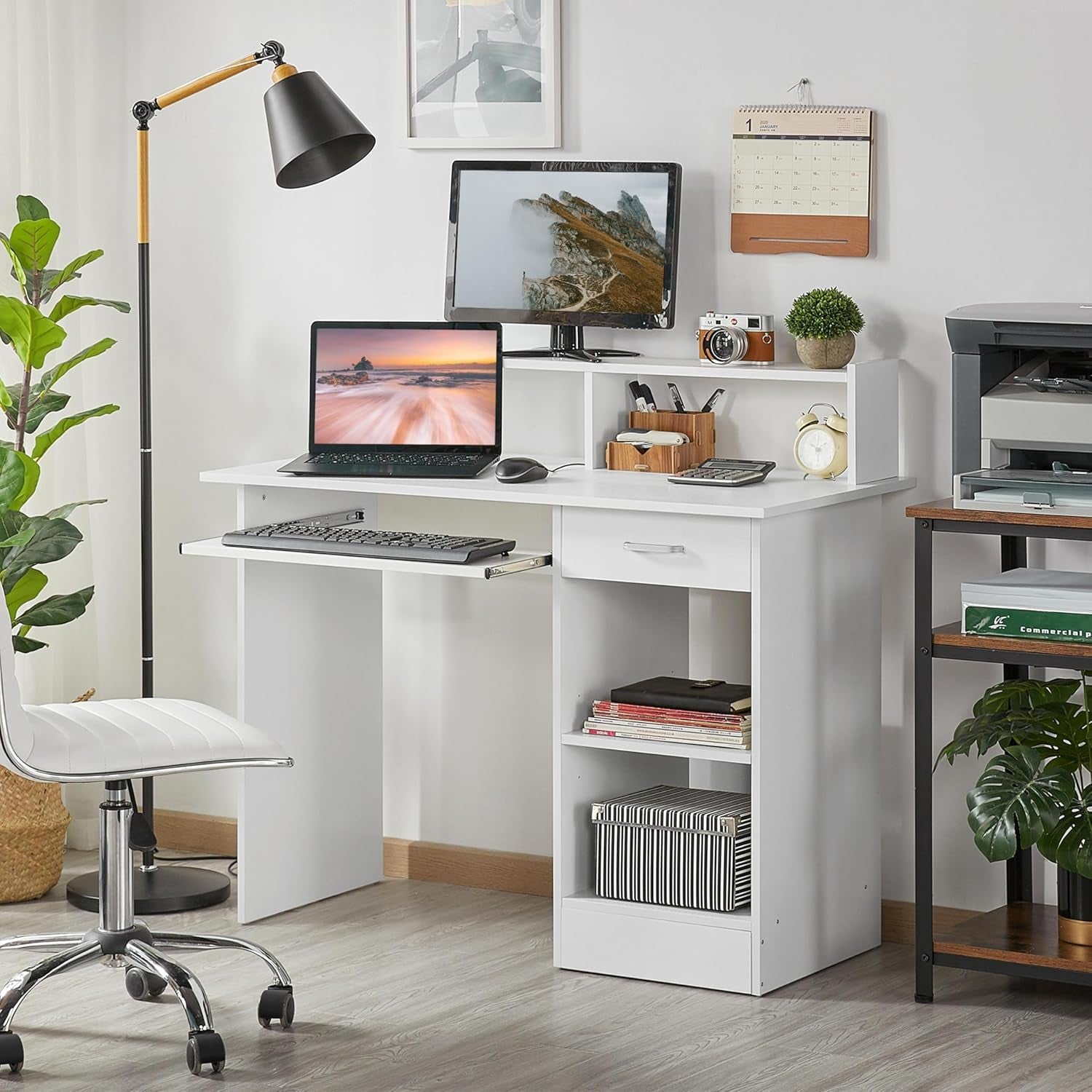 Home Office Wood Computer Desk with Keyboard Tray and Drawers, Students Writing Table with Storage Drawers &amp; Hutch, Modern PC Laptop Desk, Multifunctional Workstation, White