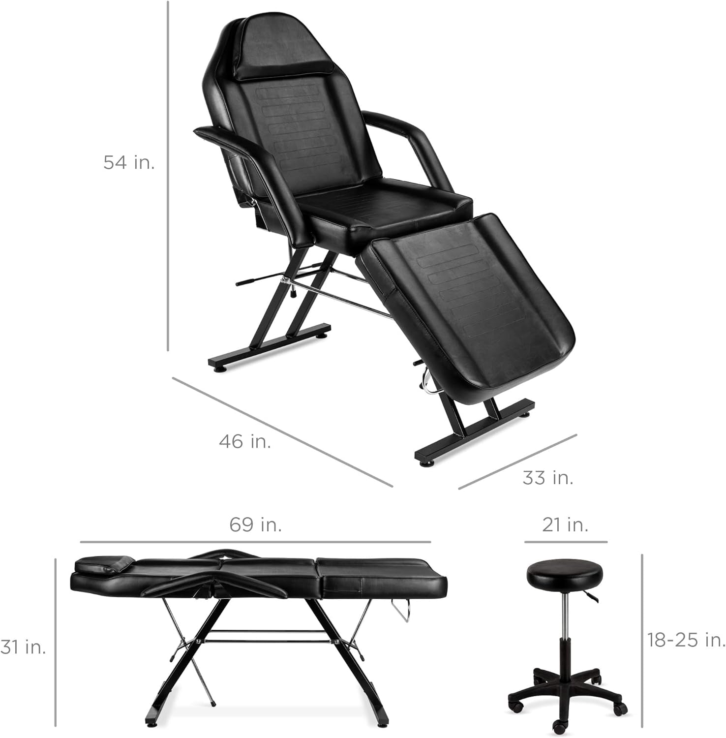 71In 3-Section Multipurpose Massage Bed, Spa &amp; Salon Facial, Tattoo Chair W/Hydraulic Stool, Removable Headrest, Facial Cradle, Towel Hanger - Black