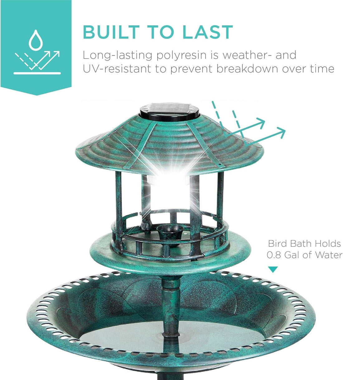 Solar Outdoor Bird Bath Vintage Resin Pedestal Fountain Decoration for Yard, Garden W/Planter Base, Feeder, Decorative Bird Cage, Fillable Stand - Green