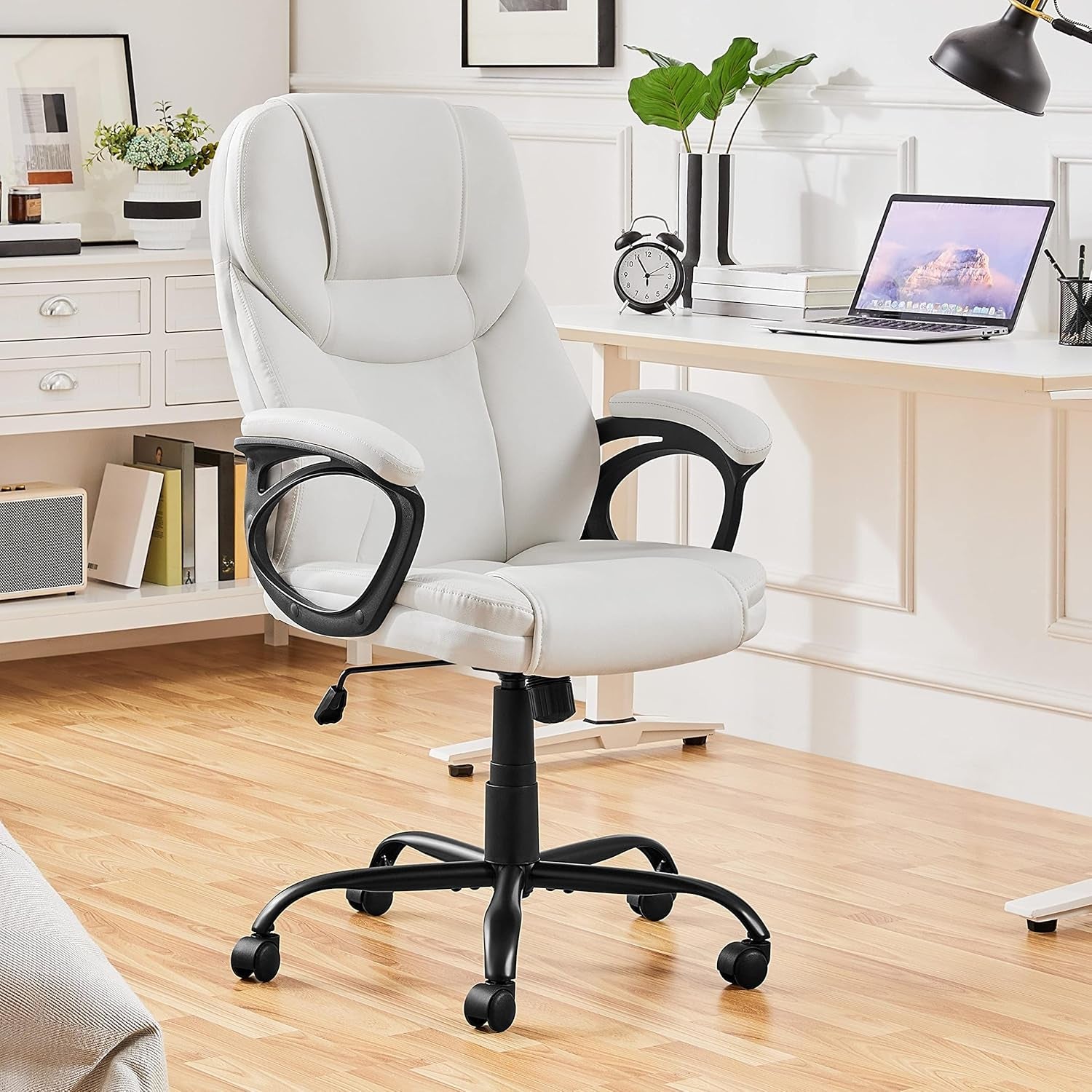 High Back Executive Chair Faux Leather Managerial Chair Ergonomic Task Chair Computer Meeting Chair Large Seat Swivel Chair, Sturdy Metal Base,White