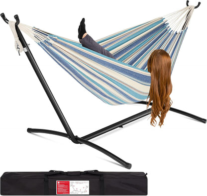 Double Hammock with Steel Stand, Indoor Outdoor Brazilian-Style Cotton Bed W/Carrying Bag, 2-Person Capacity - Desert Stripes