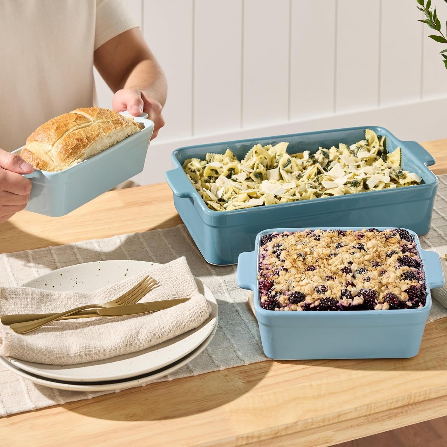 Bakeware Set, Baking Dish Set, 3-Piece Nonstick, Toxin-Free, Ceramic, Casserole, Bread Loaf, Square Pan, Space-Saving Nesting Design - Cornflower Blue